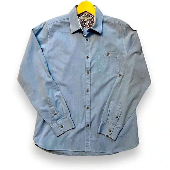 Ted Baker Chambray Blue Color Button Front Shirt Men’s Size Large - Picture 1 of 9